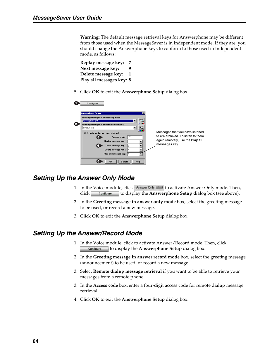 Setting up the answer only mode, Setting up the answer/record mode, Answer only mode | Answer/record mode, Messagesaver user guide | Multi-Tech Systems MT5634MSV User Manual | Page 72 / 114