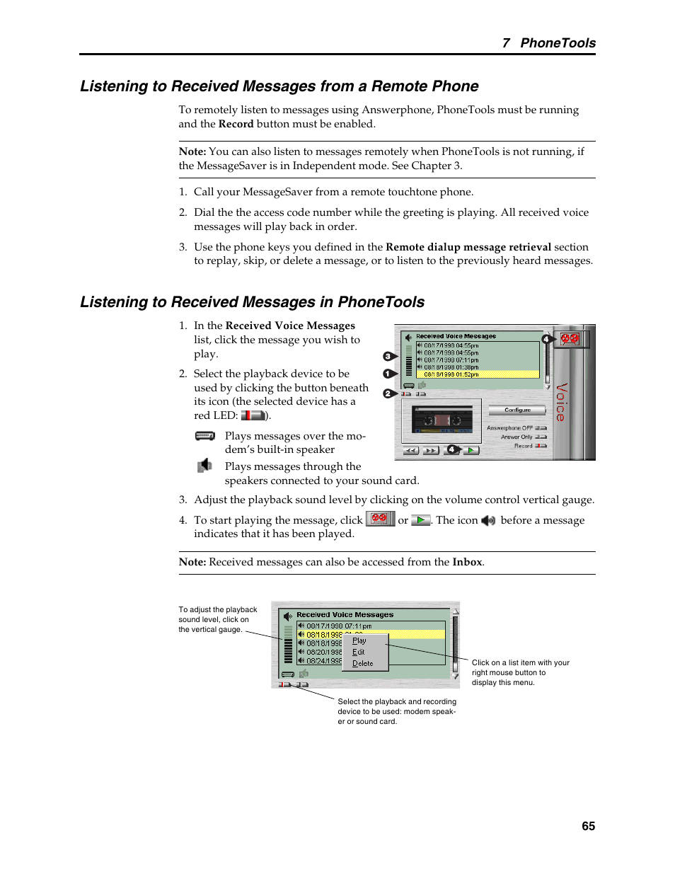 Listening to received messages from a remote phone, Listening to received messages in phonetools, Message retrieval | 7 phonetools | Multi-Tech Systems MT5634MSV User Manual | Page 73 / 114