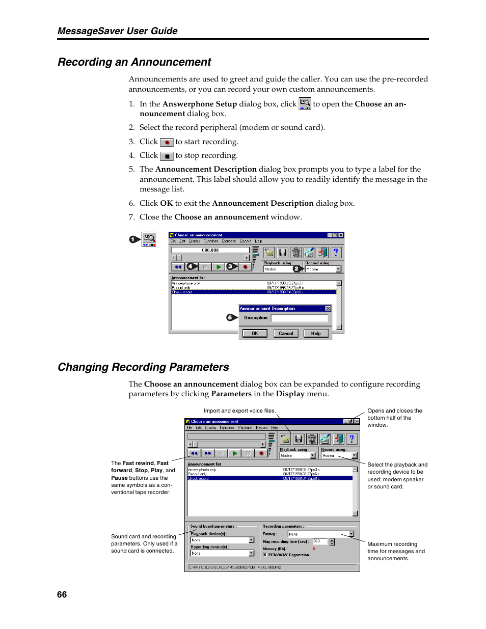 Recording an announcement, Changing recording parameters, Recording parameters, setting | Messagesaver user guide | Multi-Tech Systems MT5634MSV User Manual | Page 74 / 114