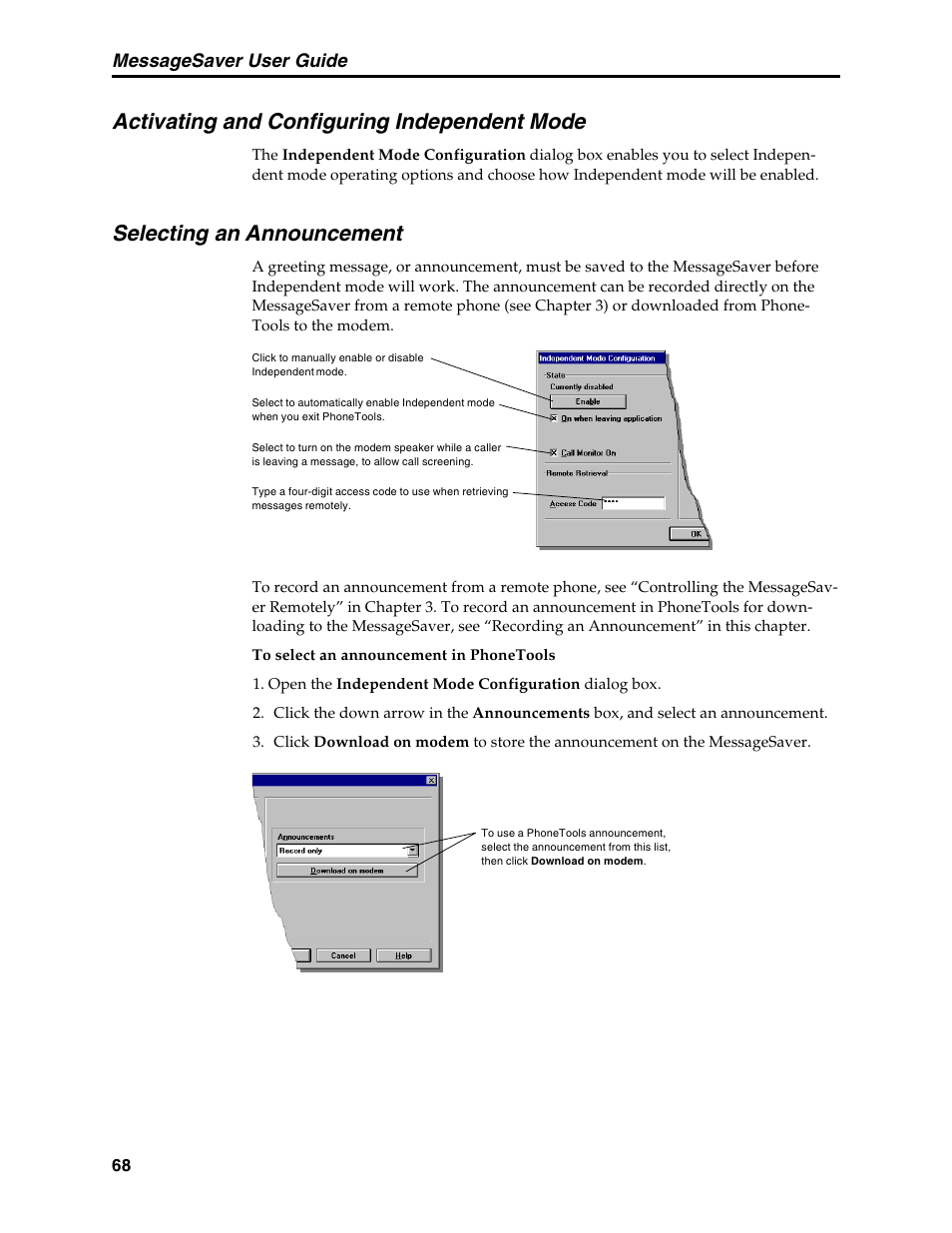 Activating and configuring independent mode, Selecting an announcement, Selecting | Announcement, selecting, Messagesaver user guide | Multi-Tech Systems MT5634MSV User Manual | Page 76 / 114