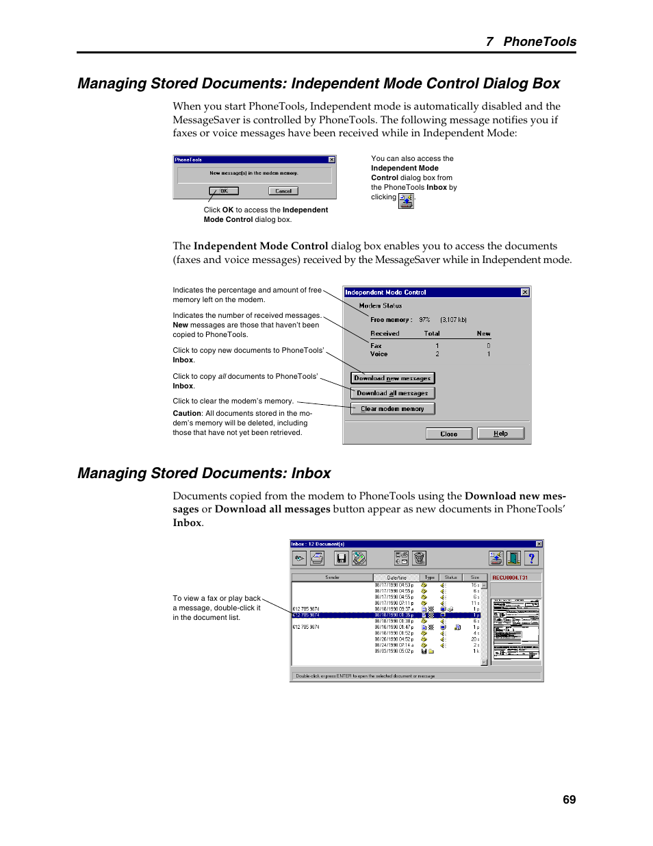 Managing stored documents: inbox, Inbox, Independent mode control dialog box | 7 phonetools | Multi-Tech Systems MT5634MSV User Manual | Page 77 / 114