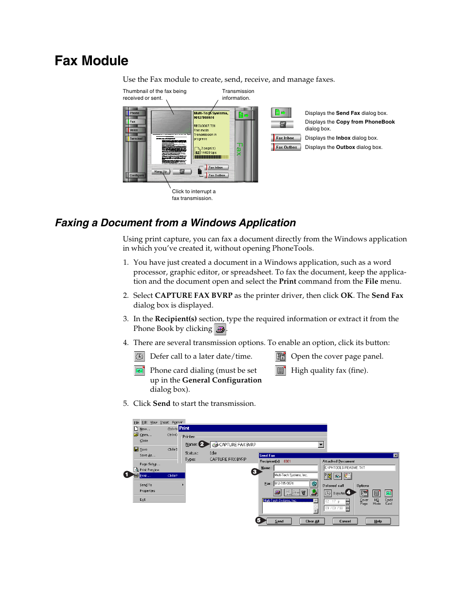 Fax module, Faxing a document from a windows application, Fax module, phonetools | Faxing from a windows application, Print capture | Multi-Tech Systems MT5634MSV User Manual | Page 78 / 114