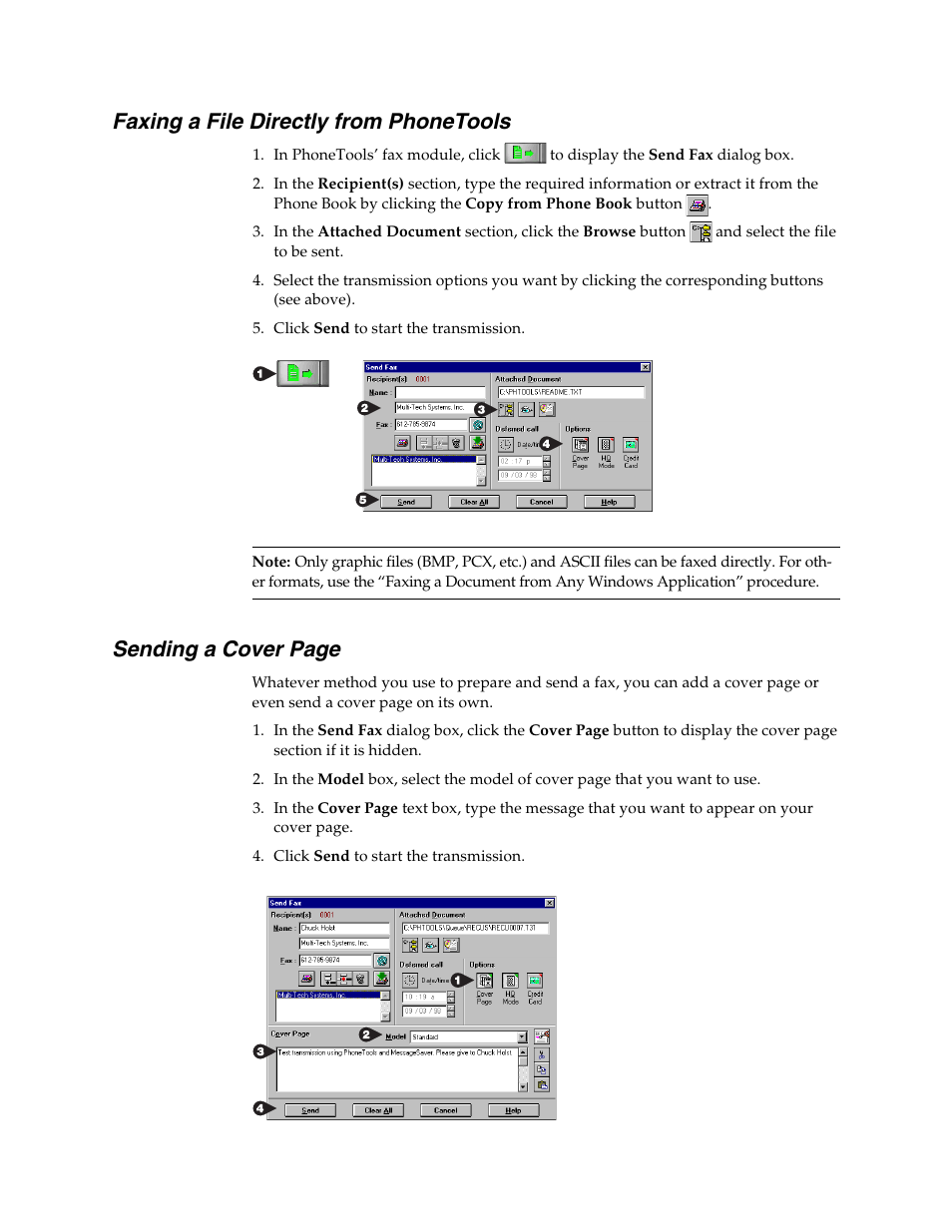 Faxing a file directly from phonetools, Sending a cover page | Multi-Tech Systems MT5634MSV User Manual | Page 79 / 114