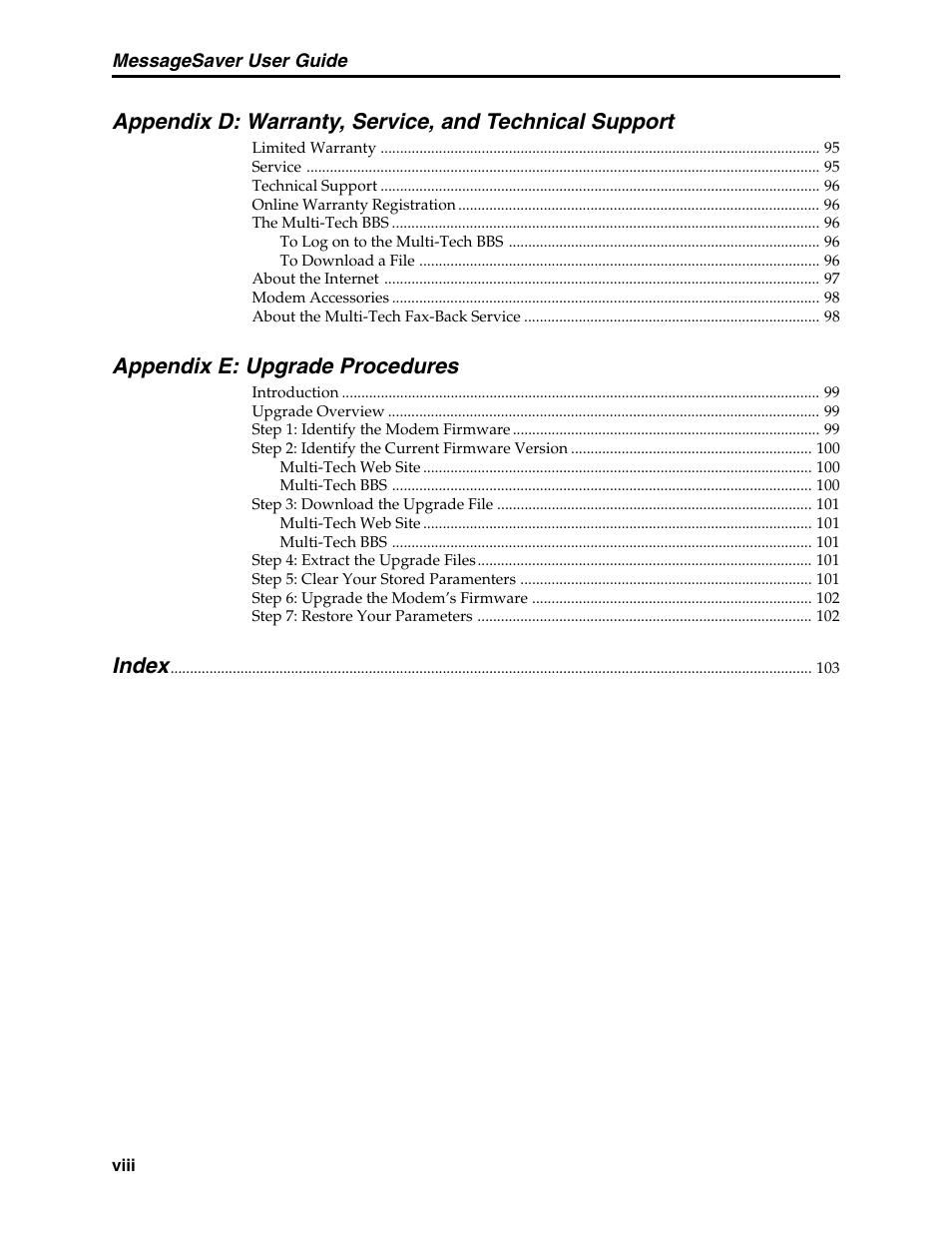 Appendix e: upgrade procedures, Index | Multi-Tech Systems MT5634MSV User Manual | Page 8 / 114