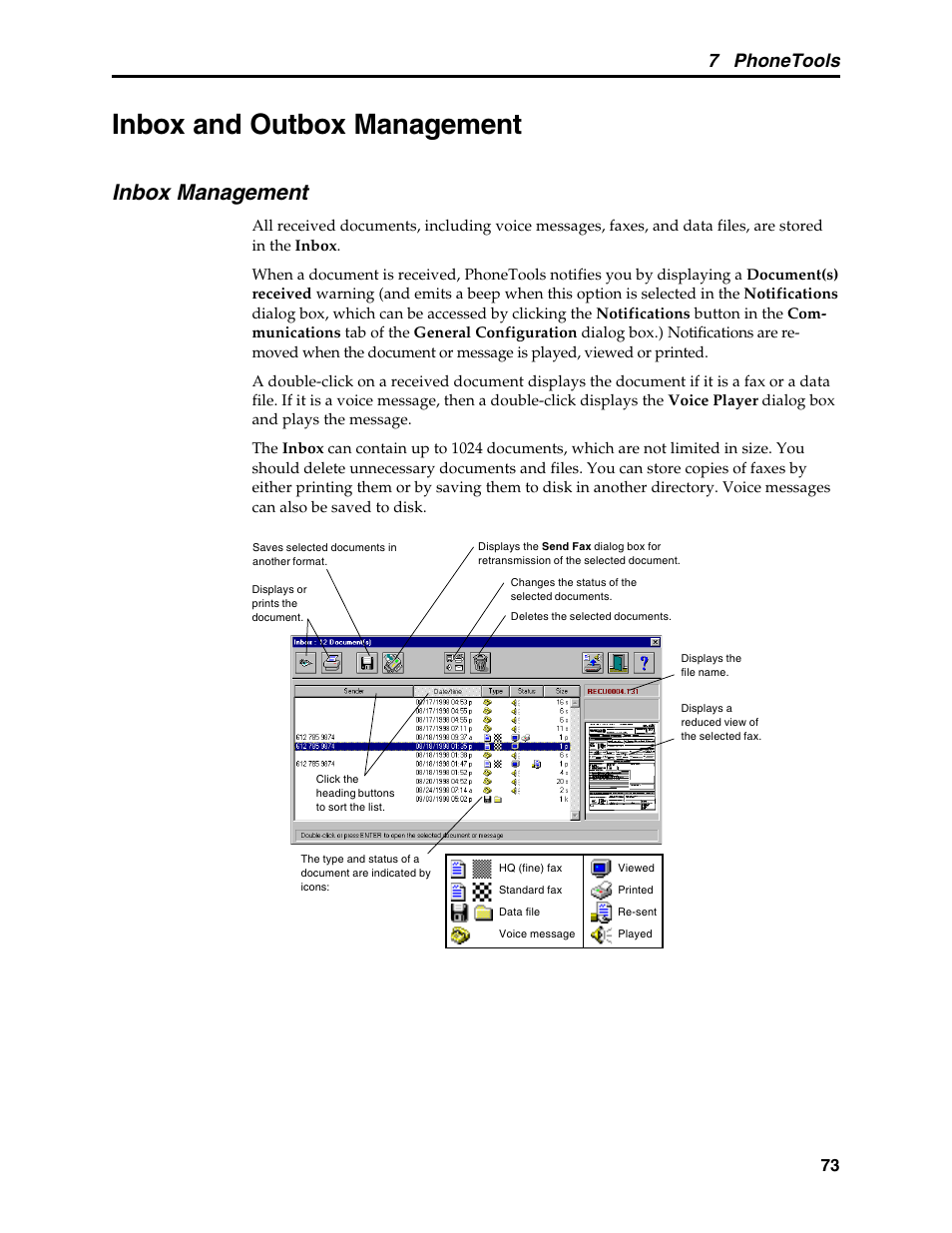 Inbox and outbox management, Inbox management, 7 phonetools | Multi-Tech Systems MT5634MSV User Manual | Page 81 / 114