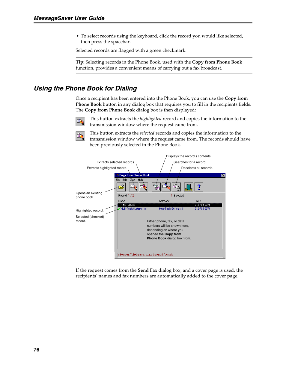 Using the phone book for dialing, Dialing, Messagesaver user guide | Multi-Tech Systems MT5634MSV User Manual | Page 84 / 114