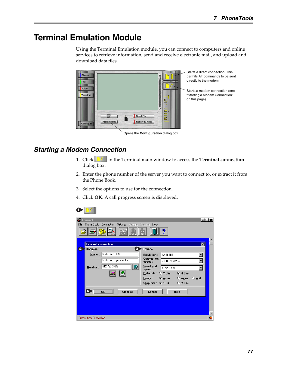 Terminal emulation module, Starting a modem connection | Multi-Tech Systems MT5634MSV User Manual | Page 85 / 114