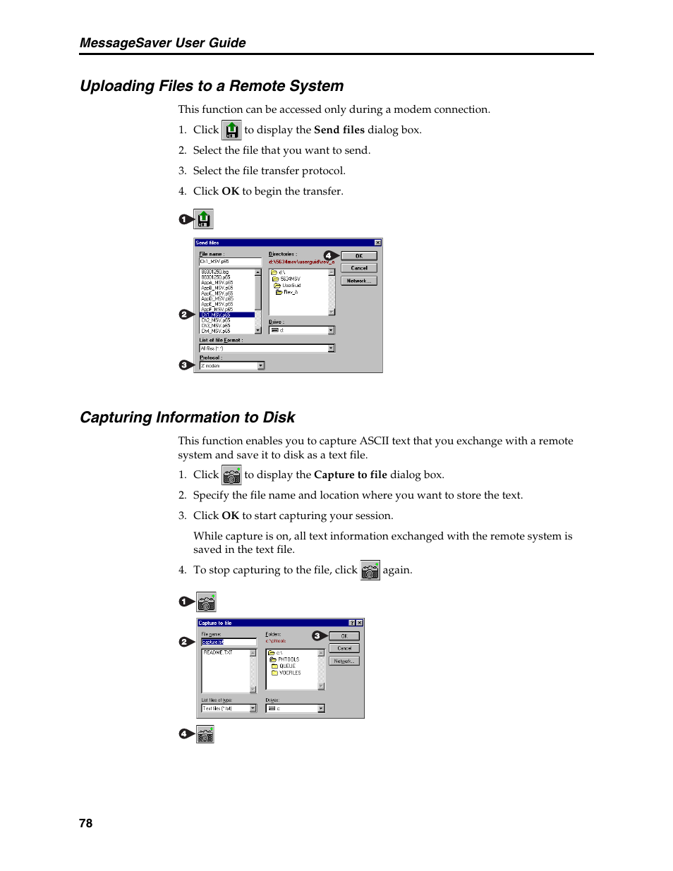 Uploading files to a remote system, Capturing information to disk, Text capture | Uploading a file | Multi-Tech Systems MT5634MSV User Manual | Page 86 / 114