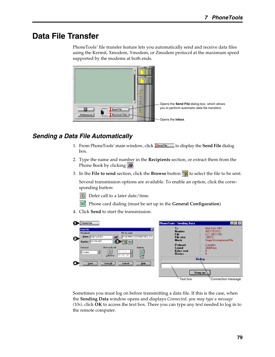 Data file transfer, Sending a data file automatically, File transfer, automatic | 7 phonetools | Multi-Tech Systems MT5634MSV User Manual | Page 87 / 114