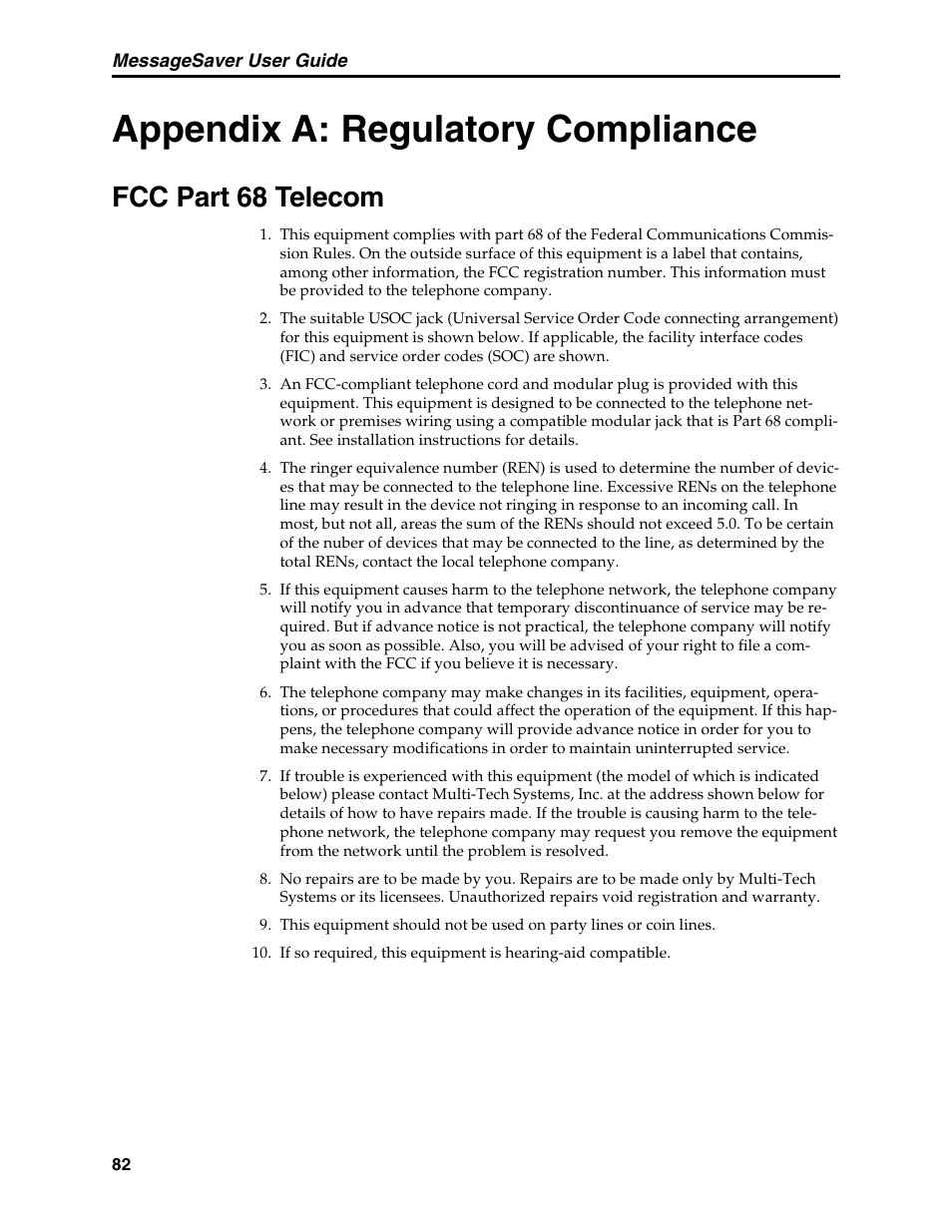 Appendix a: regulatory compliance, Fcc part 68 telecom, Fcc regulations | Regulatory compliance, Warranty | Multi-Tech Systems MT5634MSV User Manual | Page 90 / 114