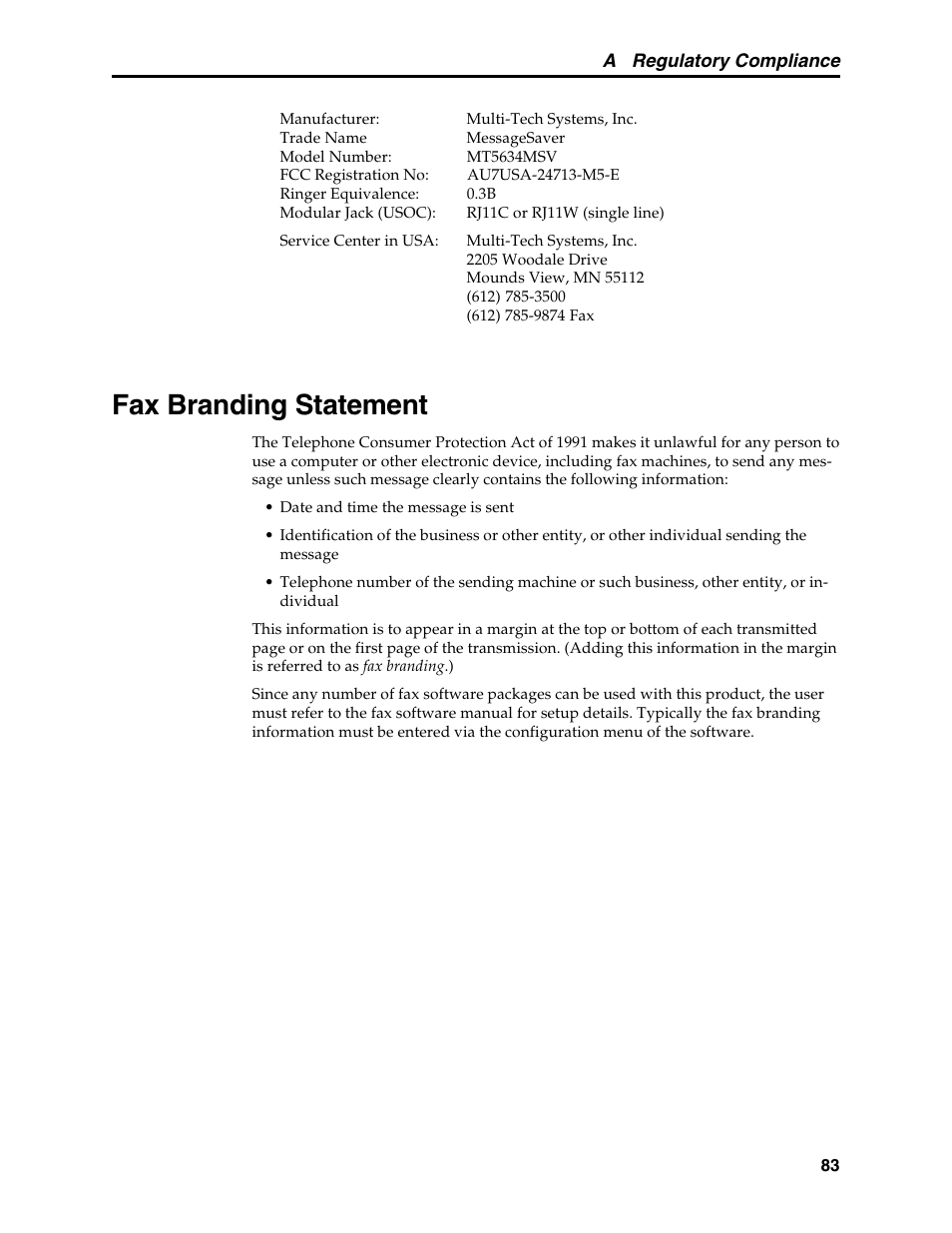 Fax branding statement, Servicing your modem | Multi-Tech Systems MT5634MSV User Manual | Page 91 / 114