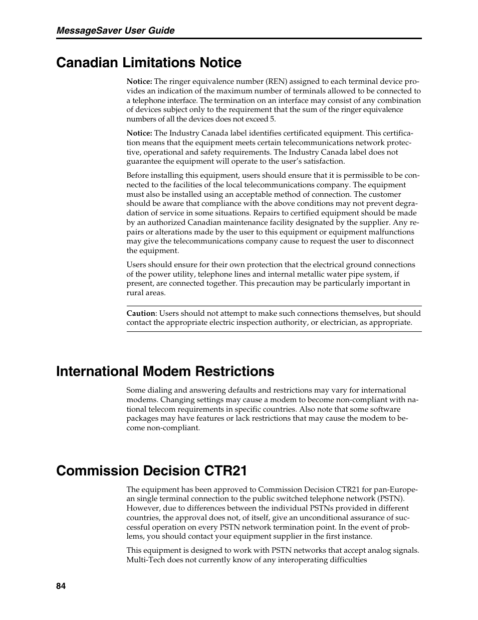 Canadian limitations notice, International modem restrictions, Commission decision ctr21 | Canadian regulations, Doc regulations | Multi-Tech Systems MT5634MSV User Manual | Page 92 / 114