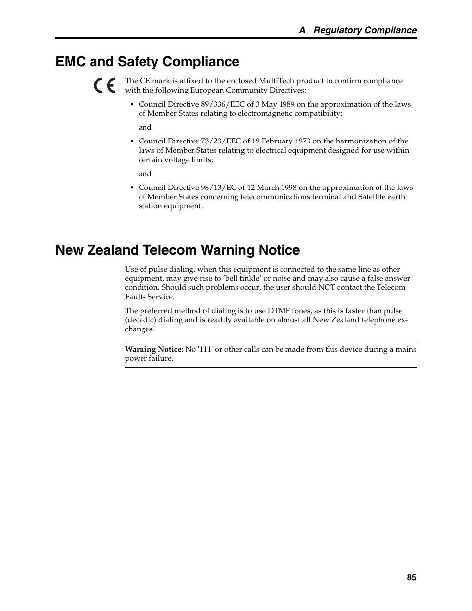 Emc and safety compliance, New zealand telecom warning notice, New zealand regulations | Multi-Tech Systems MT5634MSV User Manual | Page 93 / 114