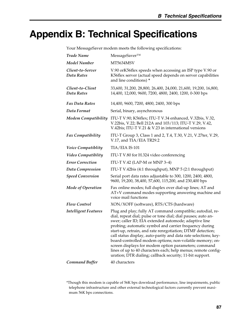 Appendix b: technical specifications, Specifications, technical, Technical specifications | Multi-Tech Systems MT5634MSV User Manual | Page 95 / 114