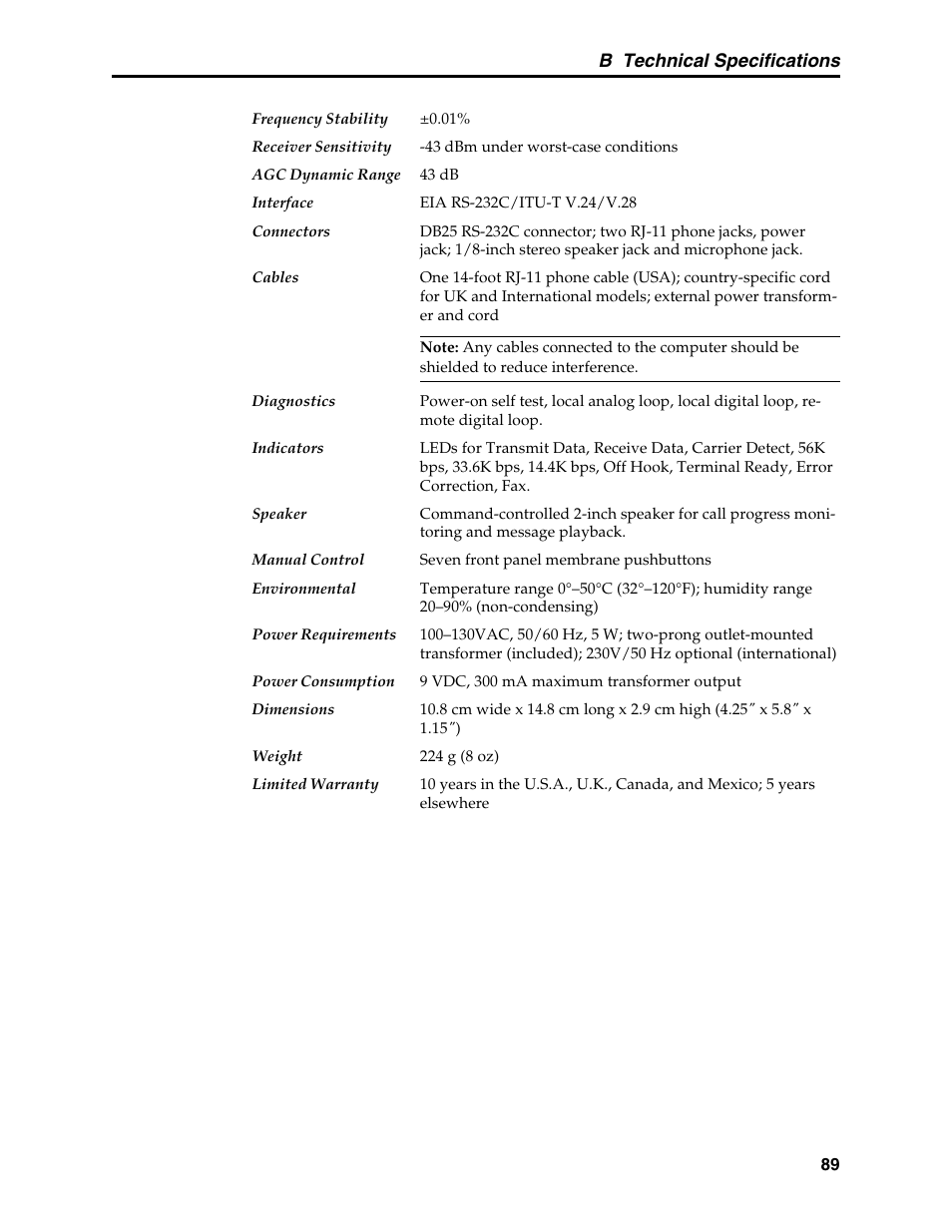 B technical specifications | Multi-Tech Systems MT5634MSV User Manual | Page 97 / 114