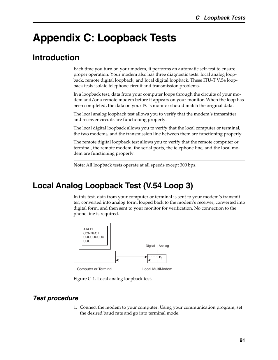 Appendix c: loopback tests, Introduction, Local analog loopback test (v.54 loop 3) | Analog loopback test, Local analog loopback test, Loopback tests, Test procedure | Multi-Tech Systems MT5634MSV User Manual | Page 99 / 114