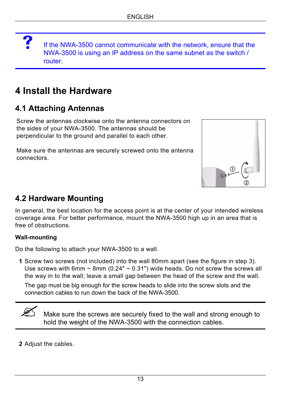 4 install the hardware | Zyxel NWA-3500 User Manual | Page 13 / 130