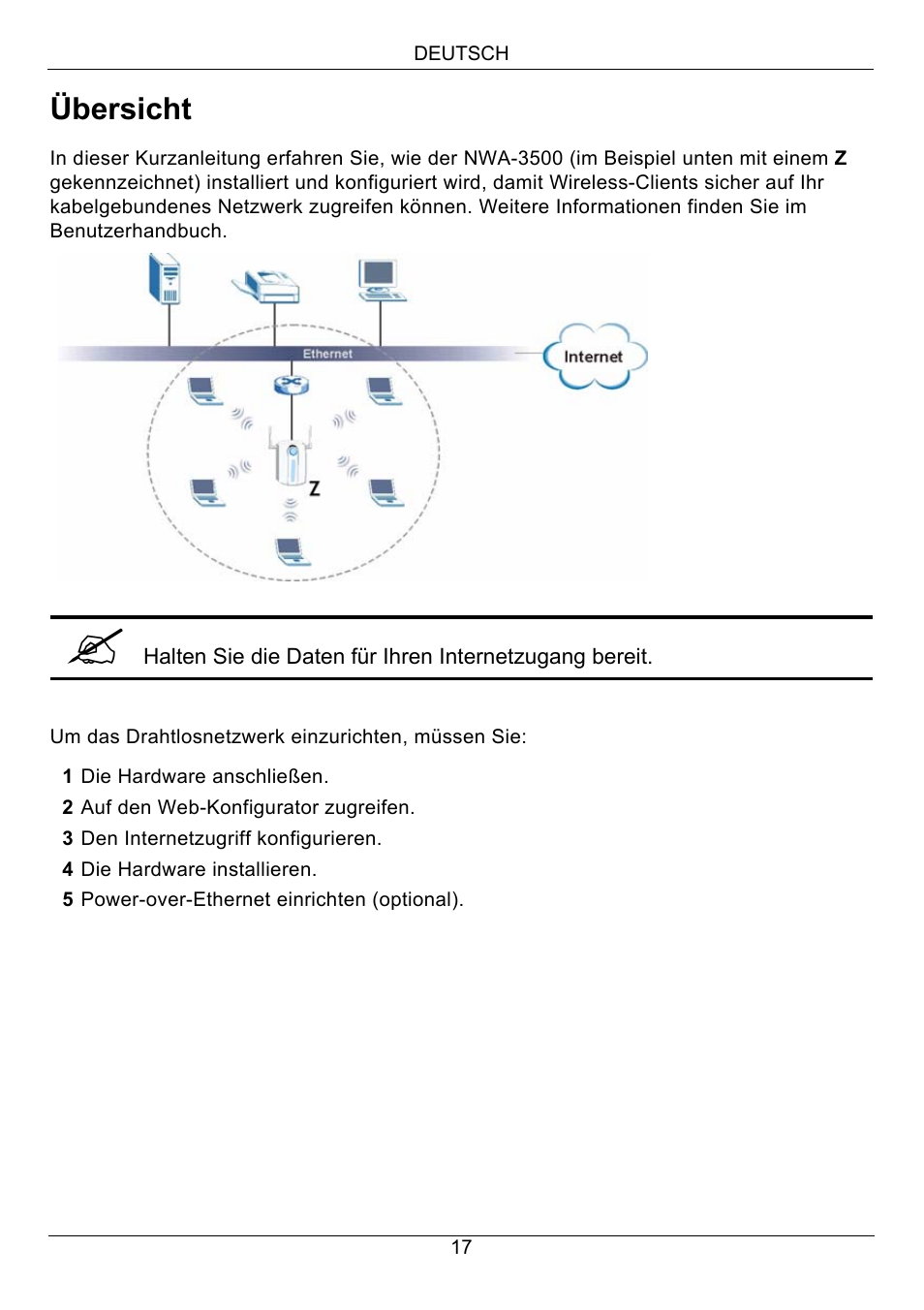 Deutsch, Übersicht | Zyxel NWA-3500 User Manual | Page 17 / 130