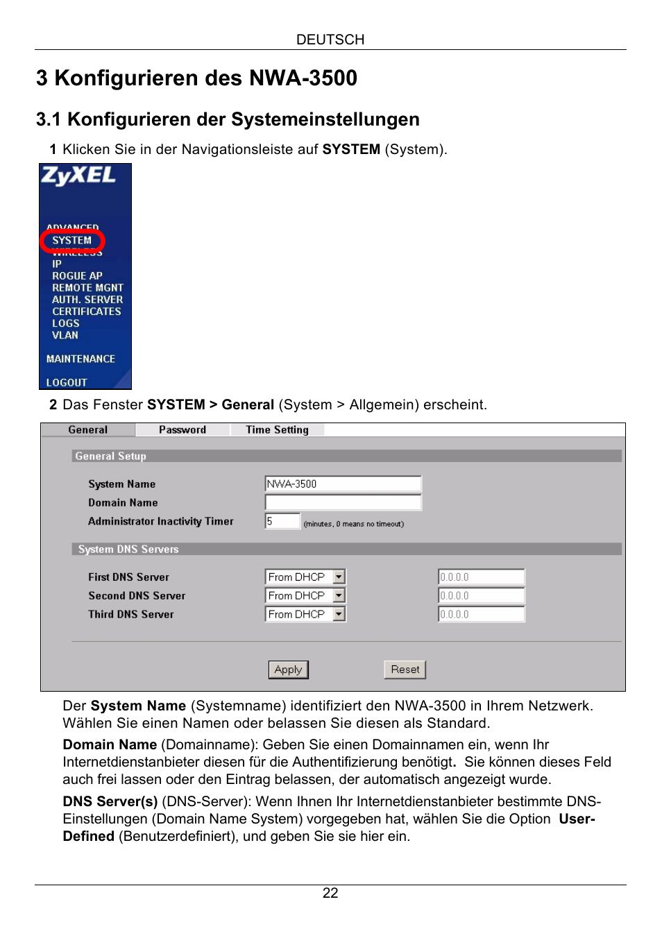 1 konfigurieren der systemeinstellungen | Zyxel NWA-3500 User Manual | Page 22 / 130