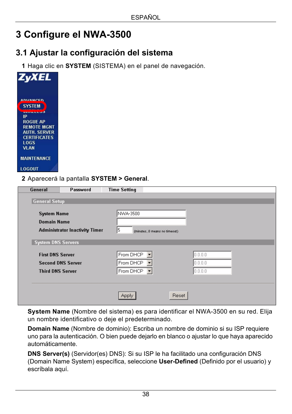 1 ajustar la configuración del sistema | Zyxel NWA-3500 User Manual | Page 38 / 130