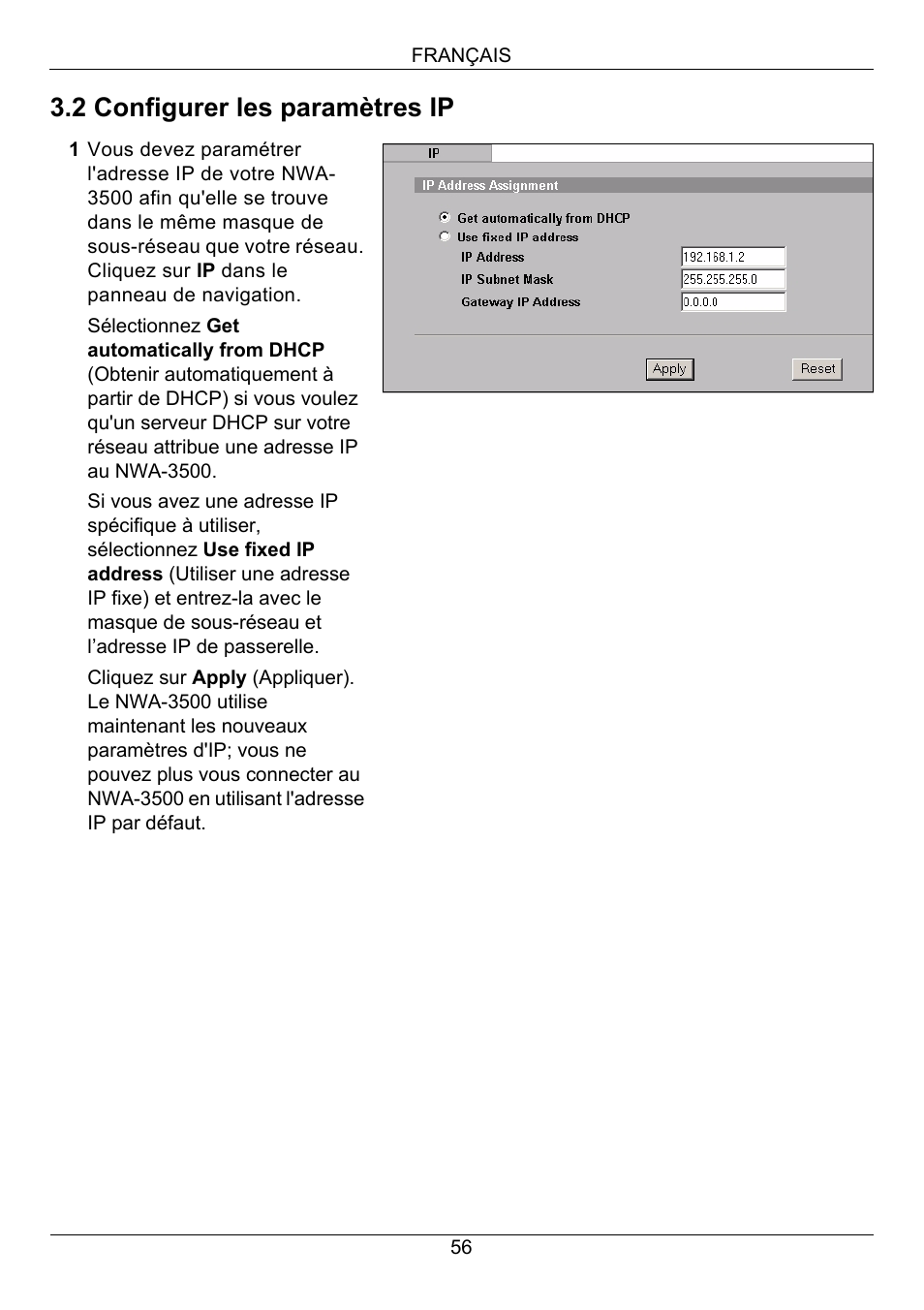 2 configurer les paramètres ip | Zyxel NWA-3500 User Manual | Page 56 / 130