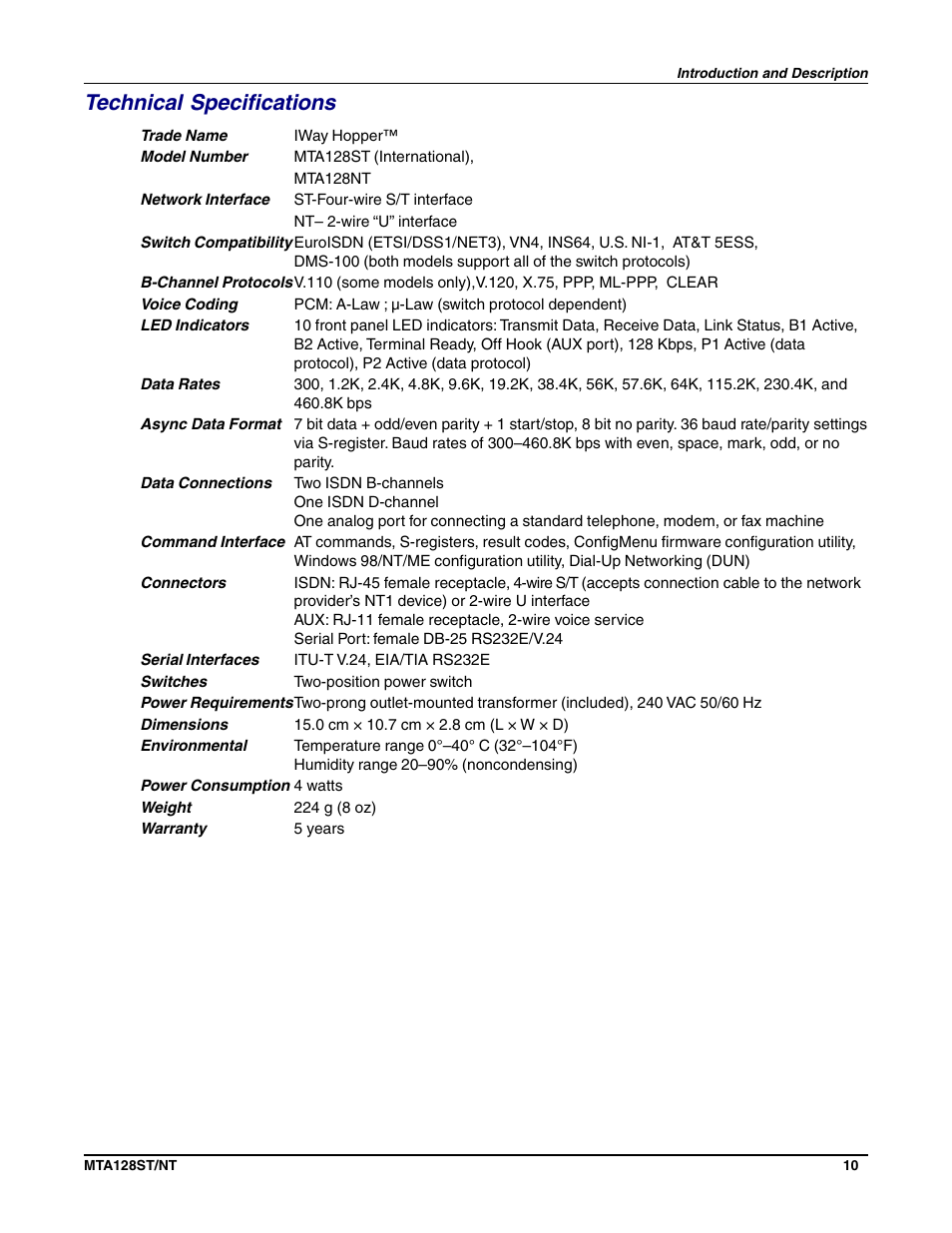 Technical specifications | Multi-Tech Systems MTA128NT User Manual | Page 10 / 66
