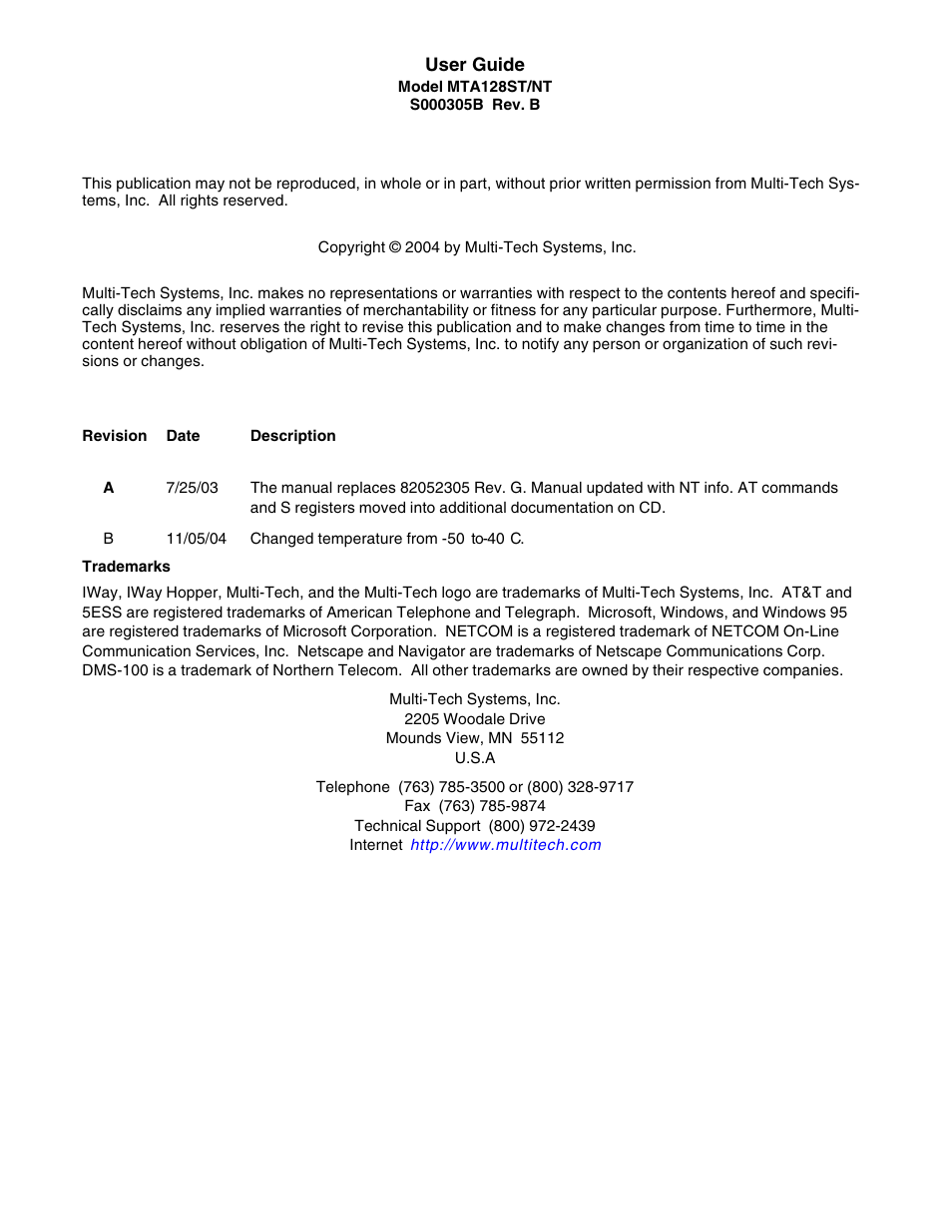 Multi-Tech Systems MTA128NT User Manual | Page 2 / 66