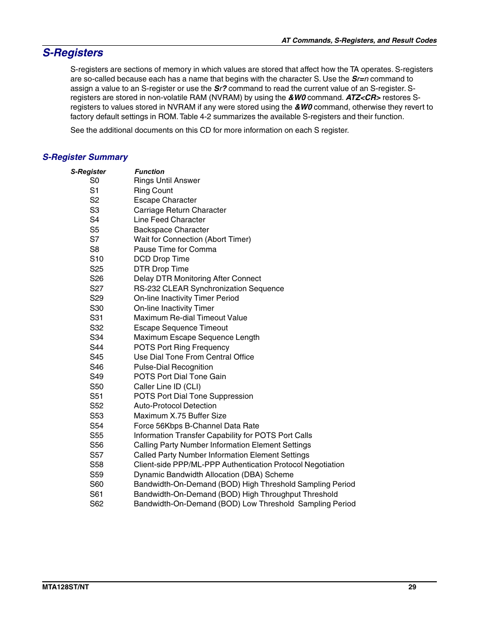 S-registers | Multi-Tech Systems MTA128NT User Manual | Page 29 / 66