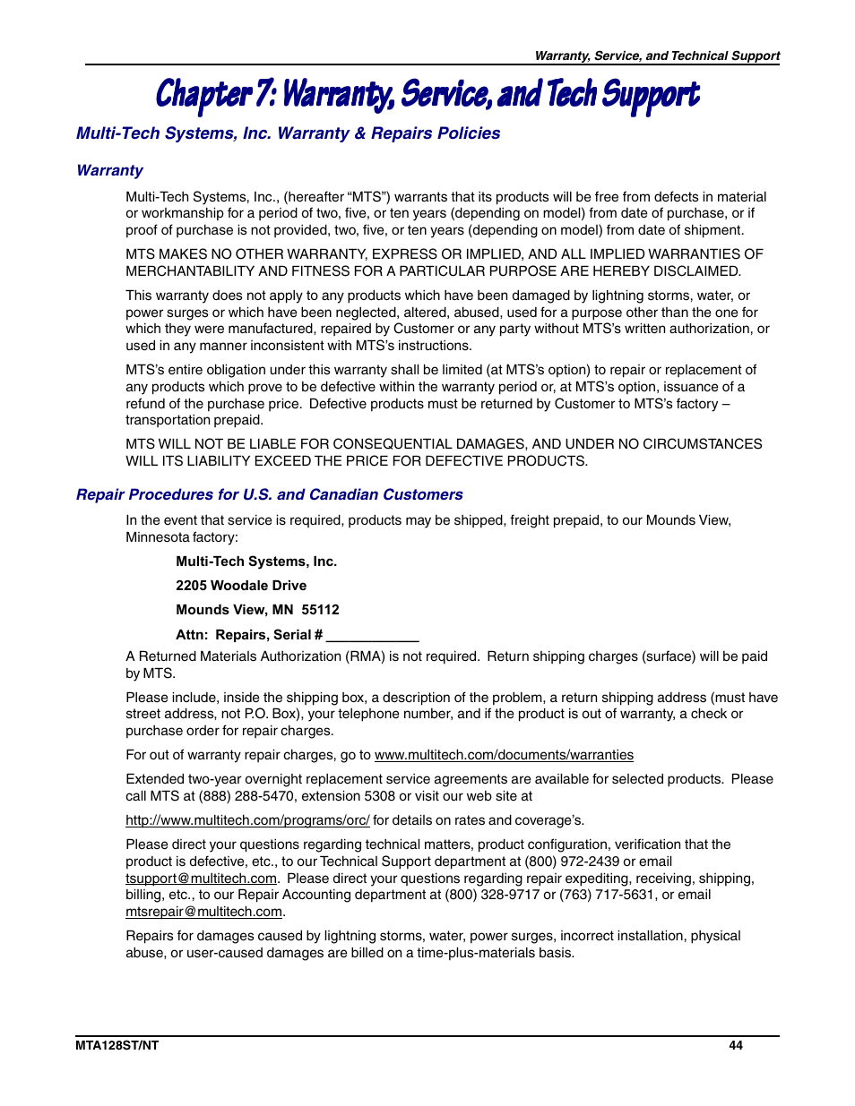 Multi-Tech Systems MTA128NT User Manual | Page 44 / 66