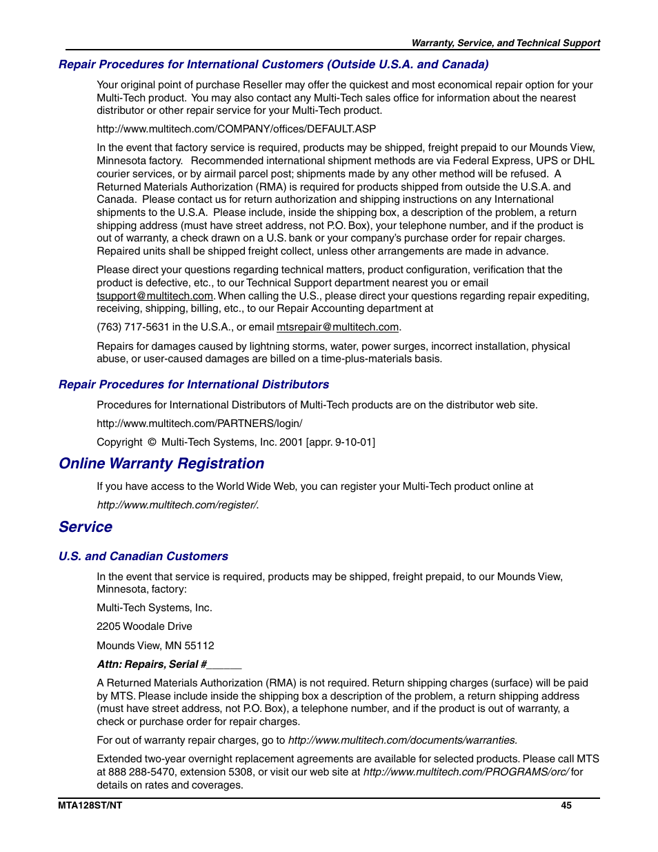 Online warranty registration, Service | Multi-Tech Systems MTA128NT User Manual | Page 45 / 66