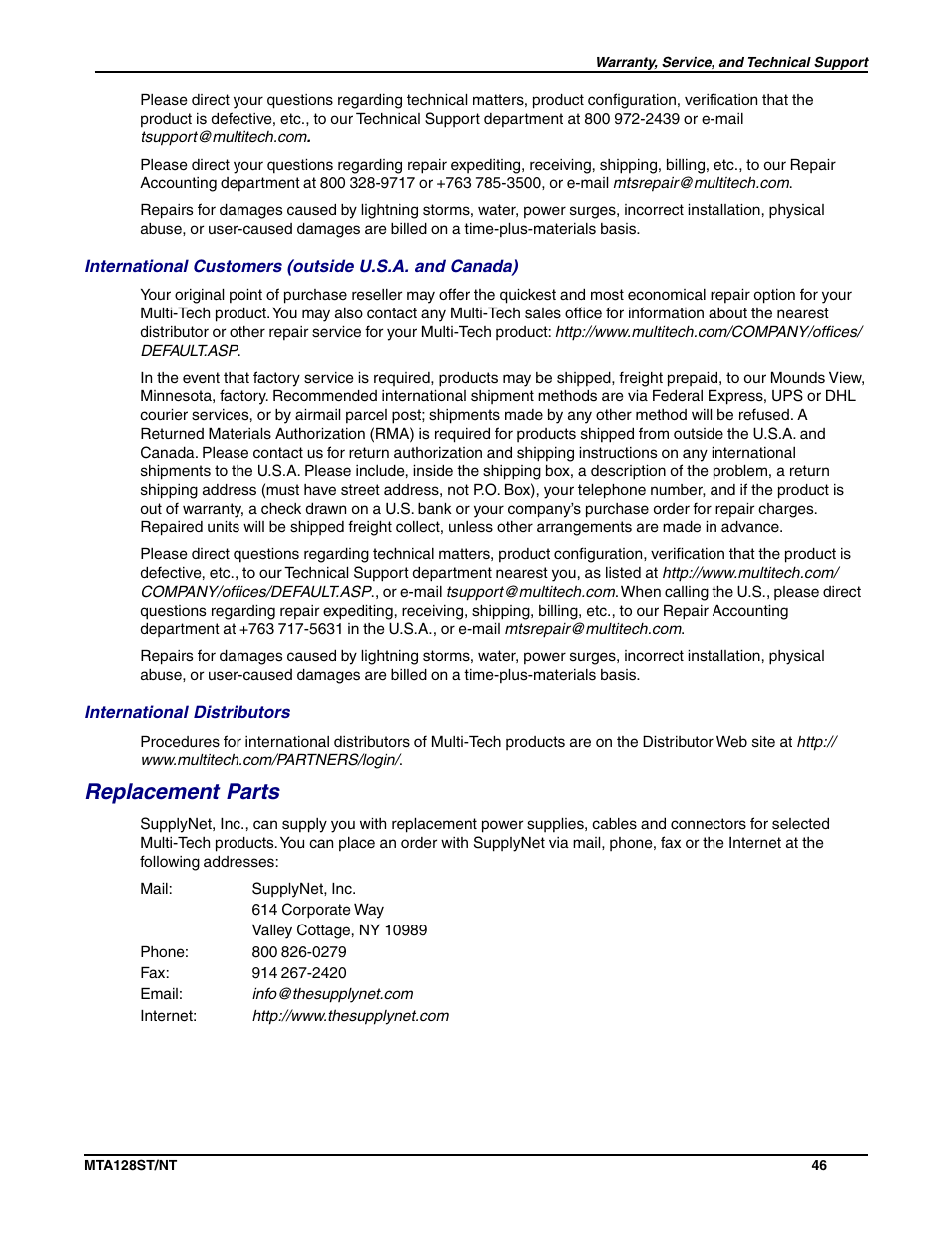 Replacement parts | Multi-Tech Systems MTA128NT User Manual | Page 46 / 66