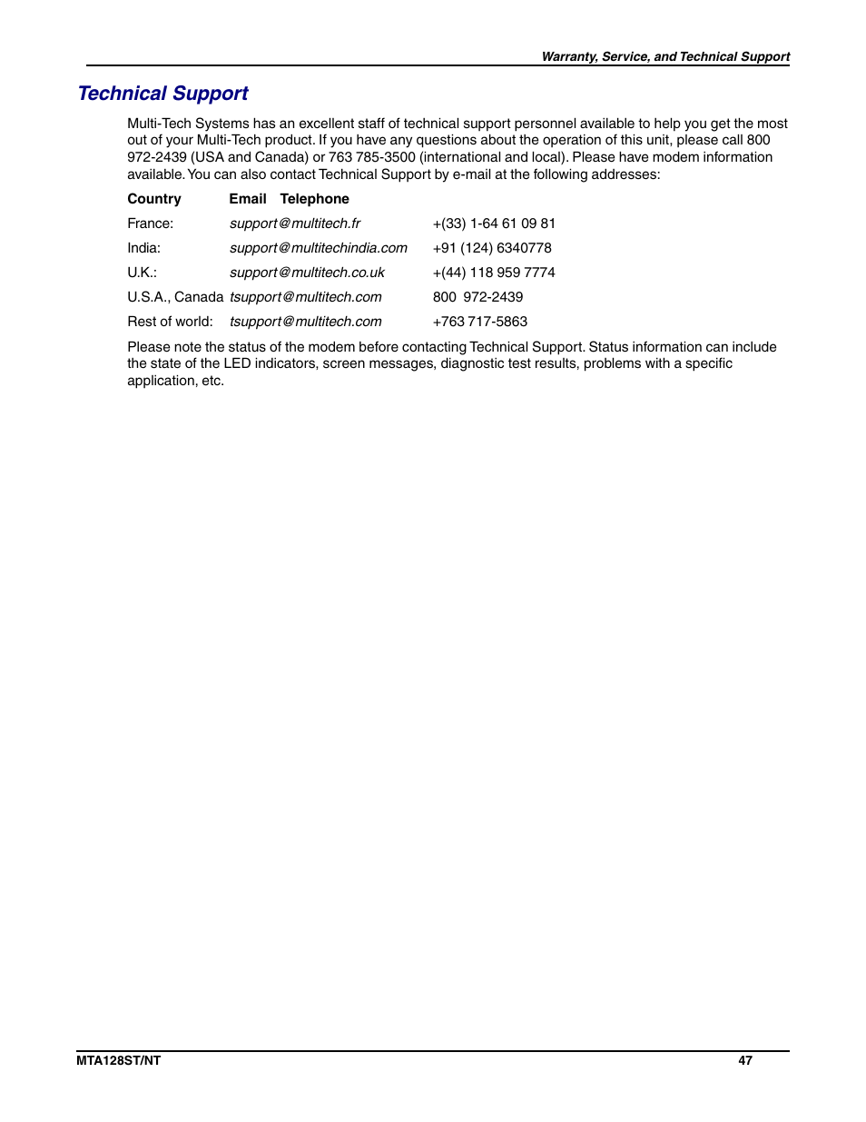 Technical support | Multi-Tech Systems MTA128NT User Manual | Page 47 / 66