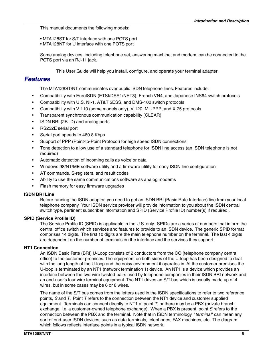 Features | Multi-Tech Systems MTA128NT User Manual | Page 5 / 66