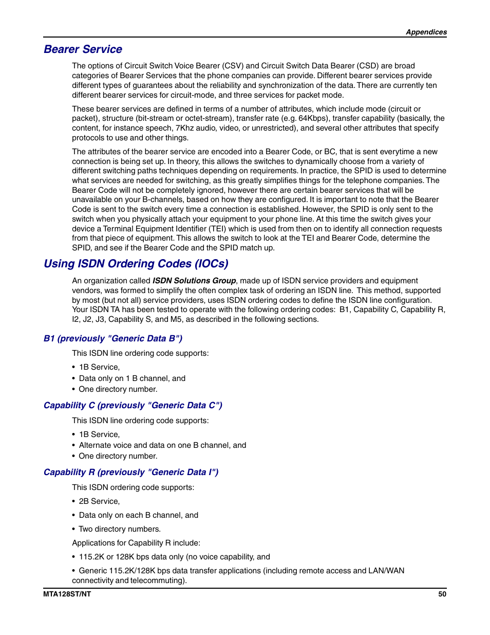 Bearer service, Using isdn ordering codes (iocs) | Multi-Tech Systems MTA128NT User Manual | Page 50 / 66