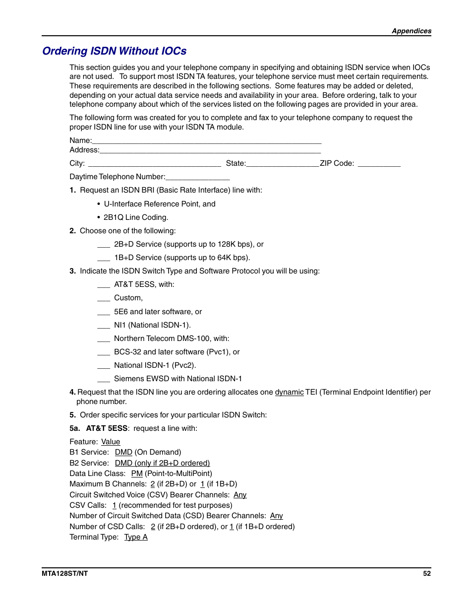 Ordering isdn without iocs | Multi-Tech Systems MTA128NT User Manual | Page 52 / 66