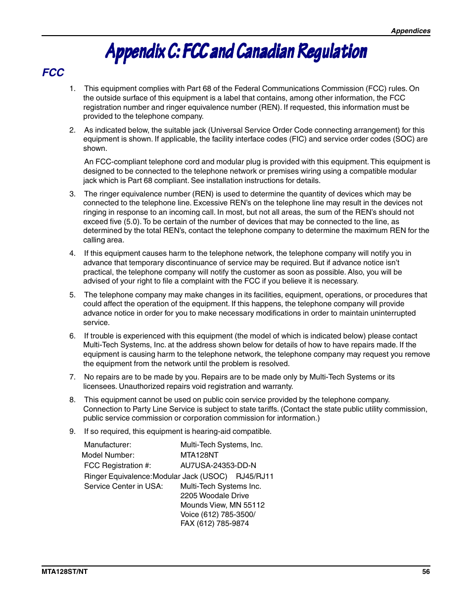 Multi-Tech Systems MTA128NT User Manual | Page 56 / 66