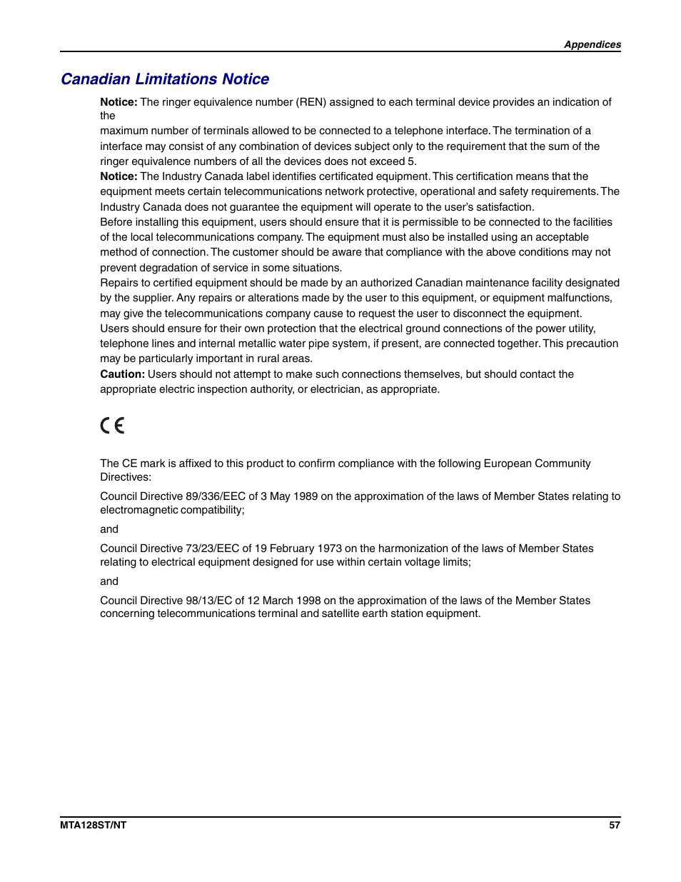 Canadian limitations notice | Multi-Tech Systems MTA128NT User Manual | Page 57 / 66