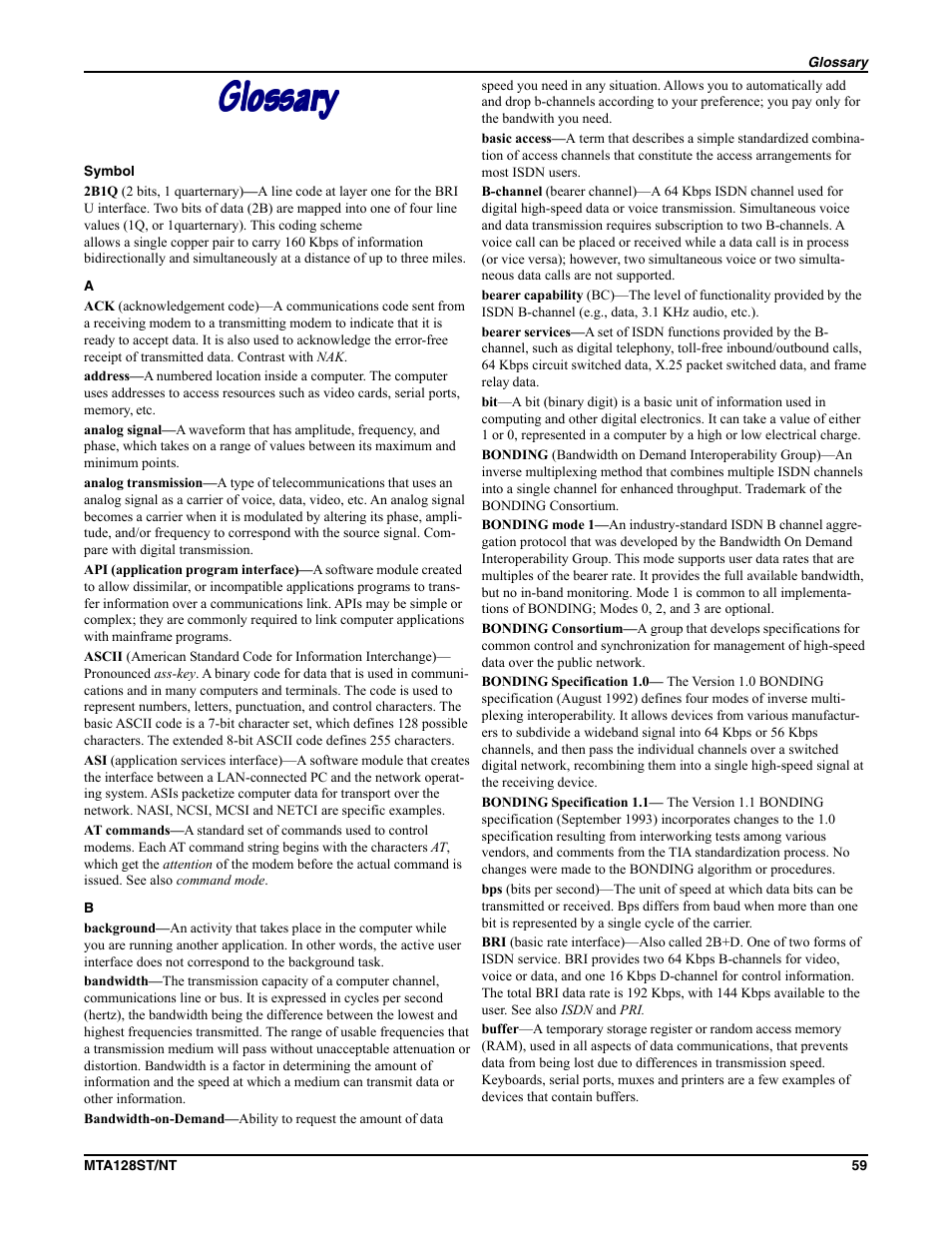 Glos | Multi-Tech Systems MTA128NT User Manual | Page 59 / 66