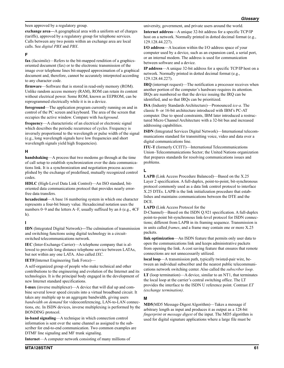Multi-Tech Systems MTA128NT User Manual | Page 61 / 66