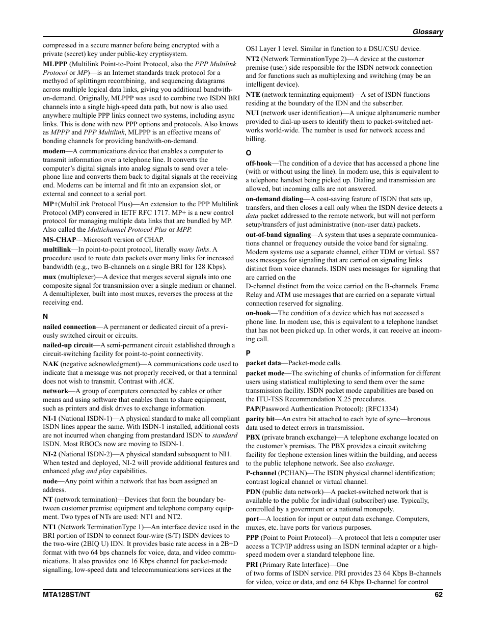 Multi-Tech Systems MTA128NT User Manual | Page 62 / 66
