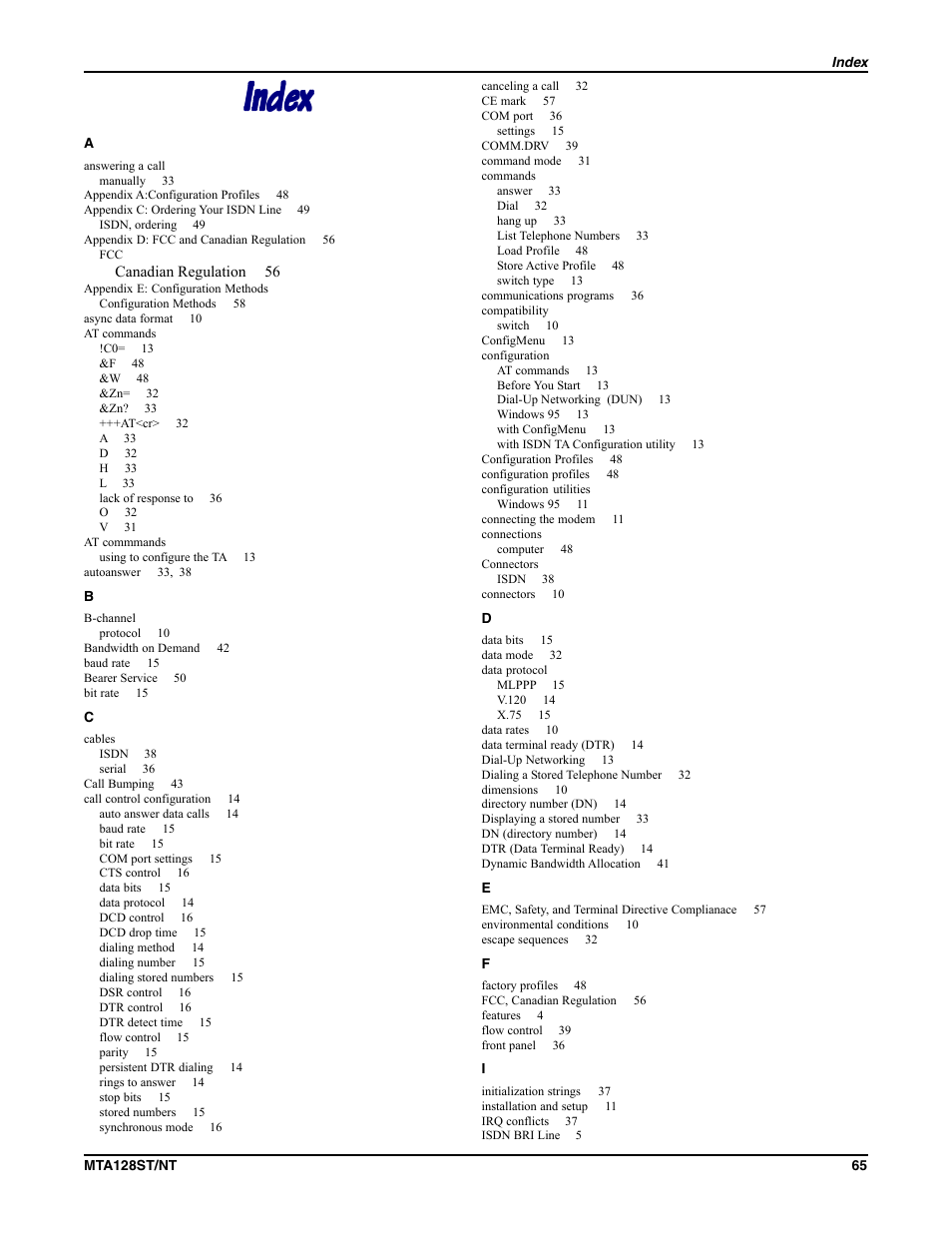 Index | Multi-Tech Systems MTA128NT User Manual | Page 65 / 66