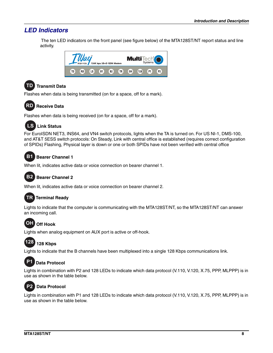 Led indicators | Multi-Tech Systems MTA128NT User Manual | Page 8 / 66