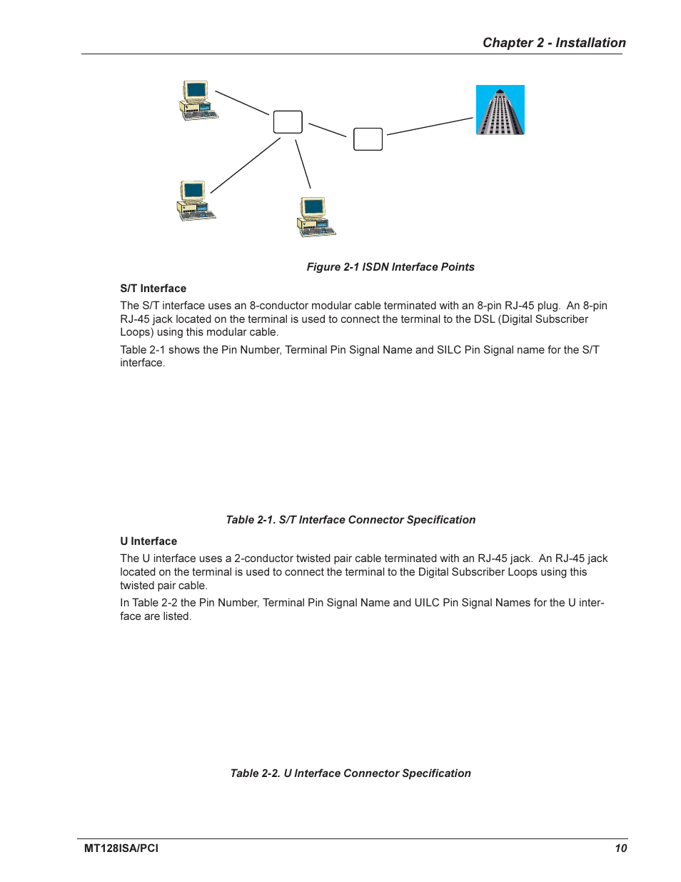 S/t interface, U interface, Chapter 2 - installation | Multi-Tech Systems MT128ISA-UV User Manual | Page 10 / 42