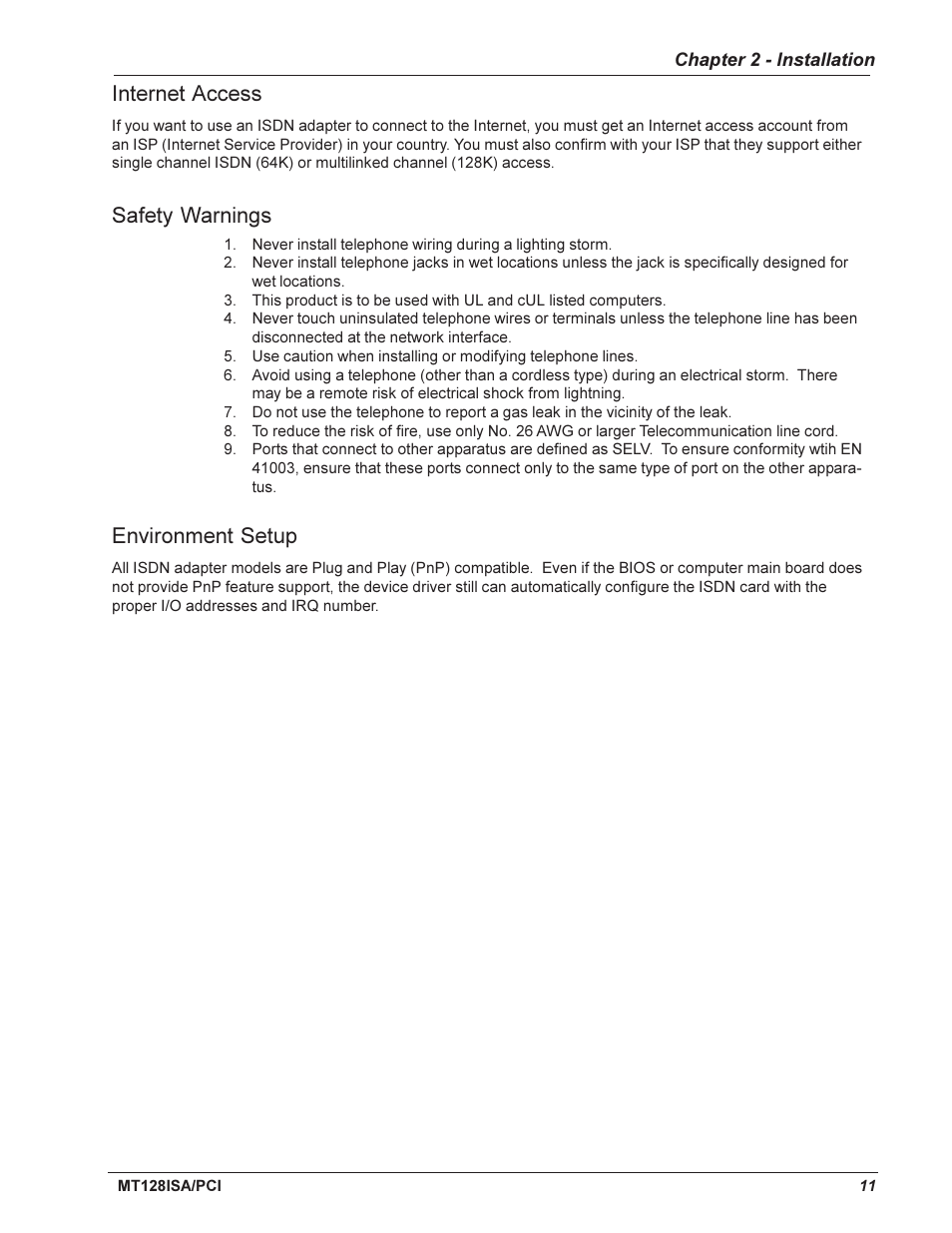 Internet access, Safety warnings, Environment setup | Multi-Tech Systems MT128ISA-UV User Manual | Page 11 / 42
