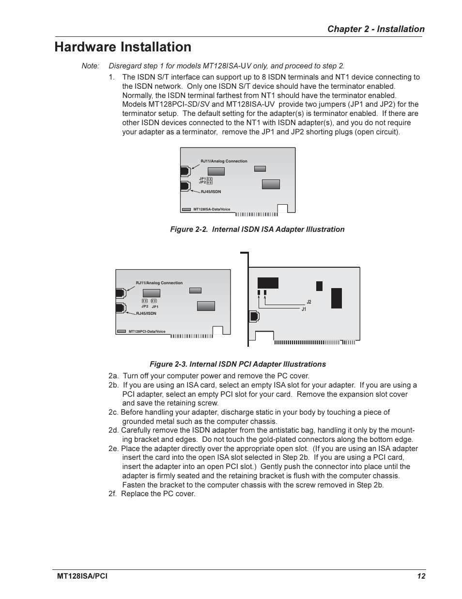 Hardware installation, Chapter 2 - installation | Multi-Tech Systems MT128ISA-UV User Manual | Page 12 / 42