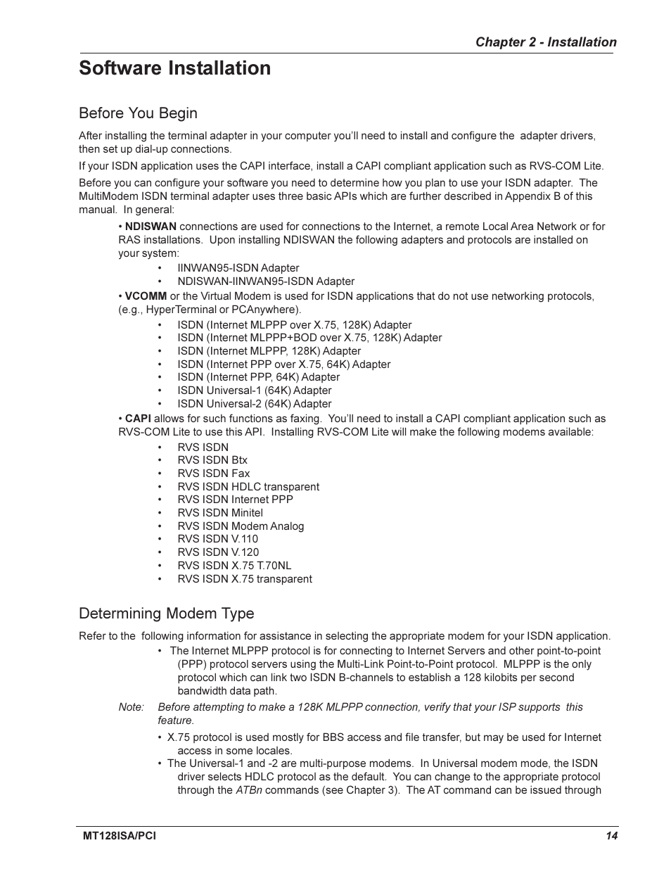 Software installation, Before you begin, Determining modem type | Multi-Tech Systems MT128ISA-UV User Manual | Page 14 / 42