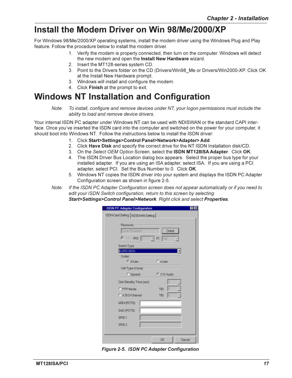 Install the modem driver on win 98/me/2000/xp, Windows nt installation and configuration | Multi-Tech Systems MT128ISA-UV User Manual | Page 17 / 42