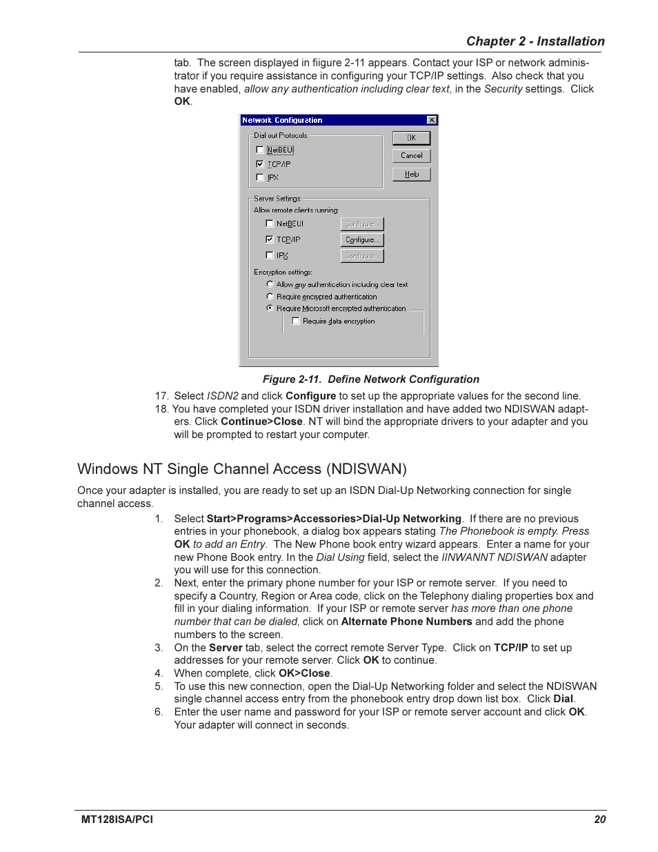 Windows nt single channel access (ndiswan), Windows nt multilinked channel access (ndiswan) | Multi-Tech Systems MT128ISA-UV User Manual | Page 20 / 42
