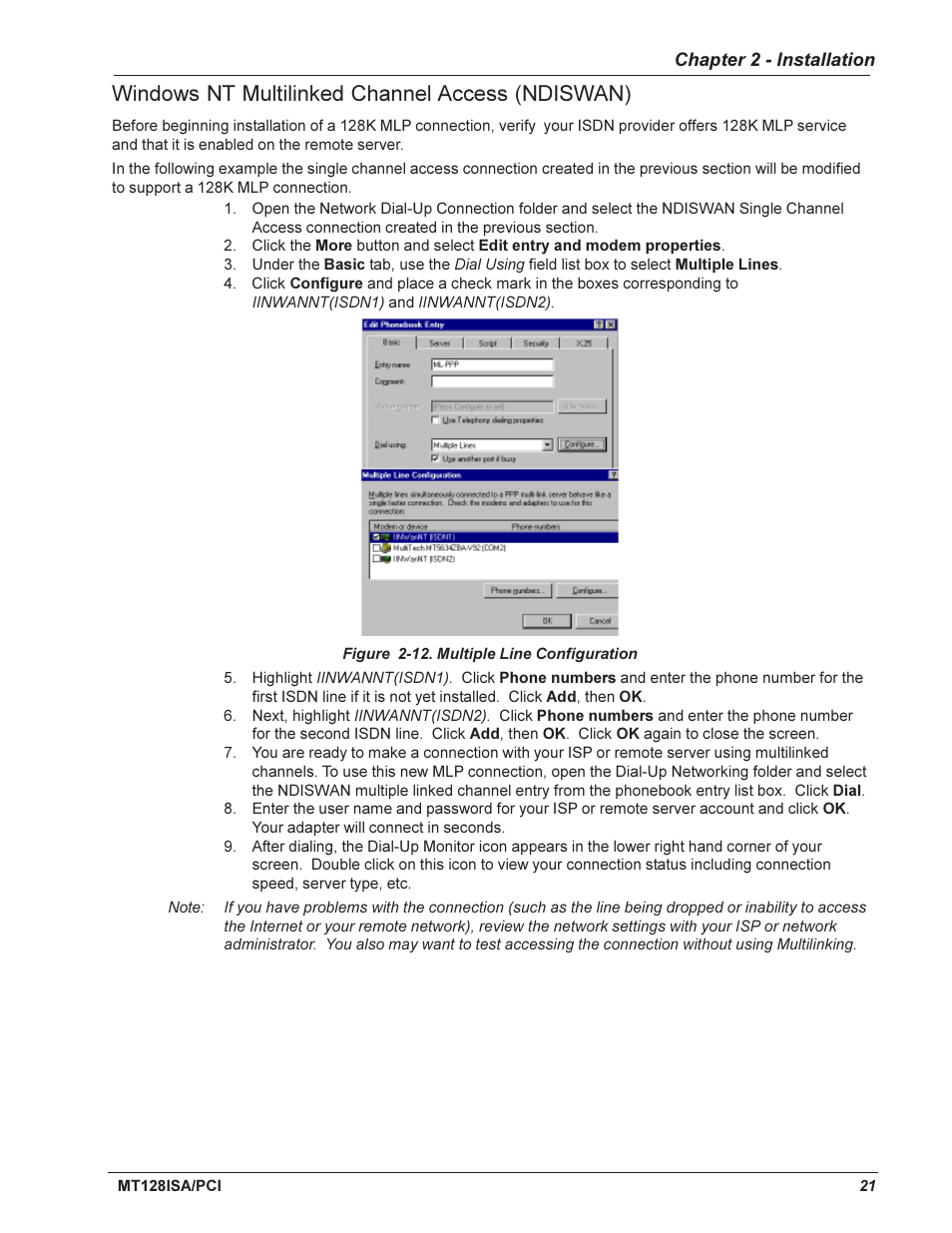 Windows nt multilinked channel access (ndiswan), Windows nt and the capi interface | Multi-Tech Systems MT128ISA-UV User Manual | Page 21 / 42