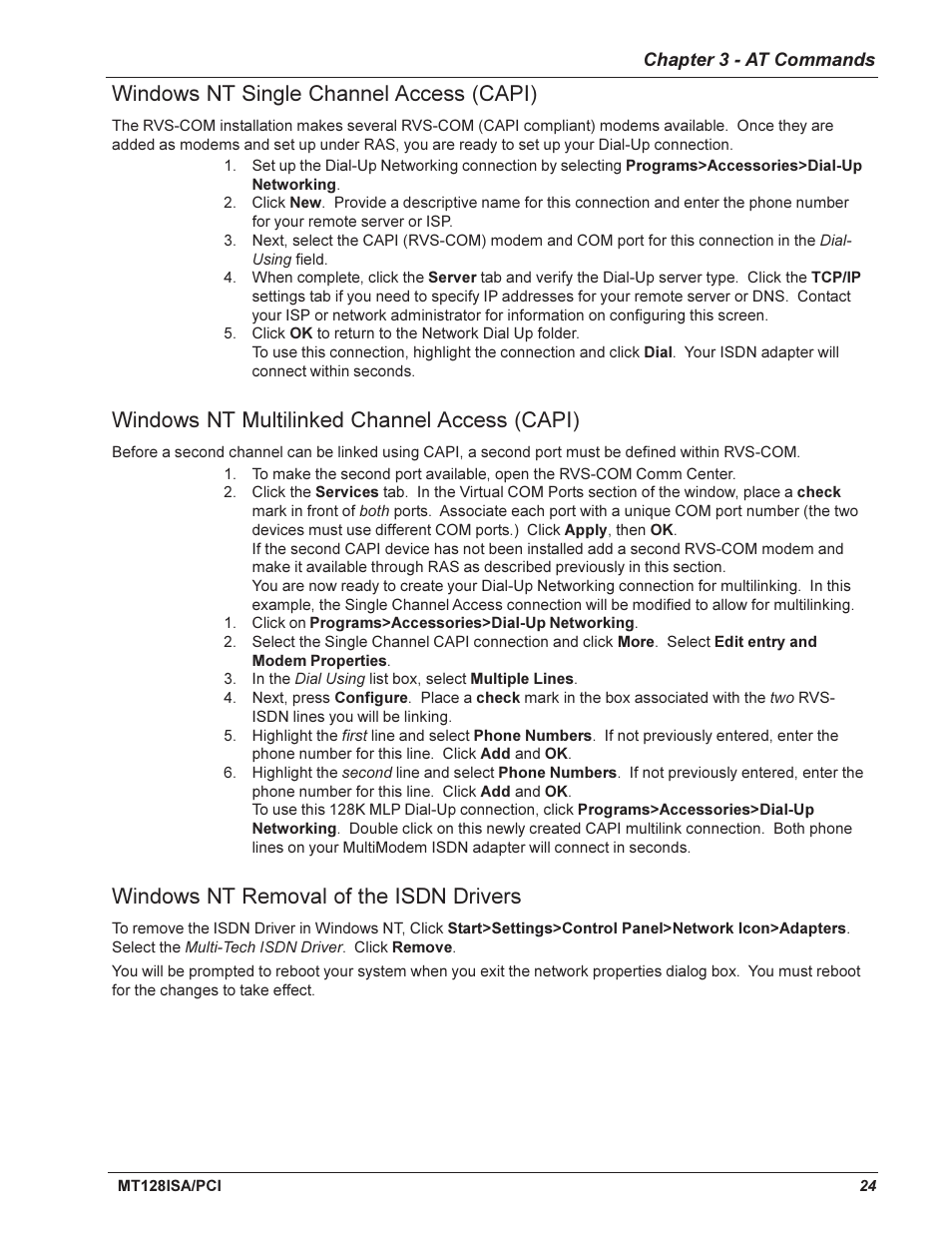 Windows nt single channel access (capi), Windows nt multilinked channel access (capi), Windows nt removal of the isdn drivers | Chapter 3 - at commands, Introduction | Multi-Tech Systems MT128ISA-UV User Manual | Page 24 / 42
